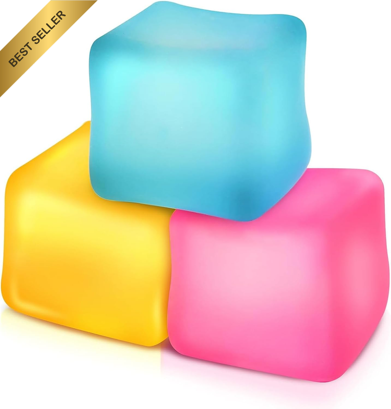 Fidget Toy Stress Cube 3 Pack, Squishy Gel Filled Fidgets for Anxiety Relief, Ca