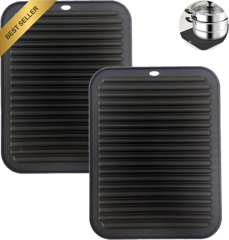 2 Pcs Black Silicone Kitchen Drying Mat, Non Slip Heat Resistant Hot Pad Pot Hol