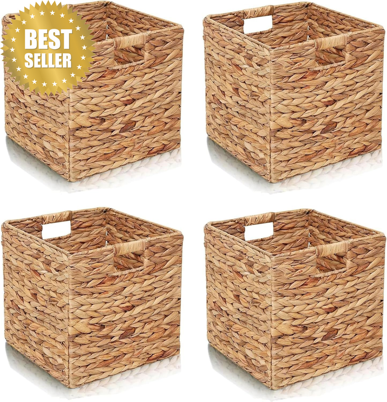 Storage Baskets 4 Pcs Water Hyacinth Cube Storage Bins,Foldable Woven Baskets fo
