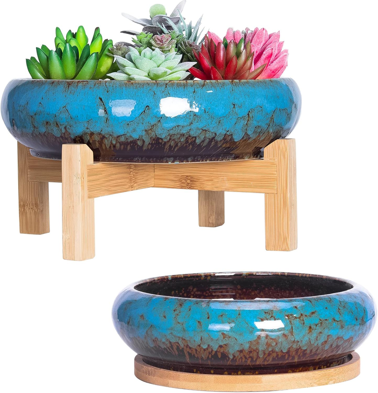 Succulent Pots - 7.3/10 Inch Large Plant Pot Set of 2, Ceramic Bonsai Pot with D