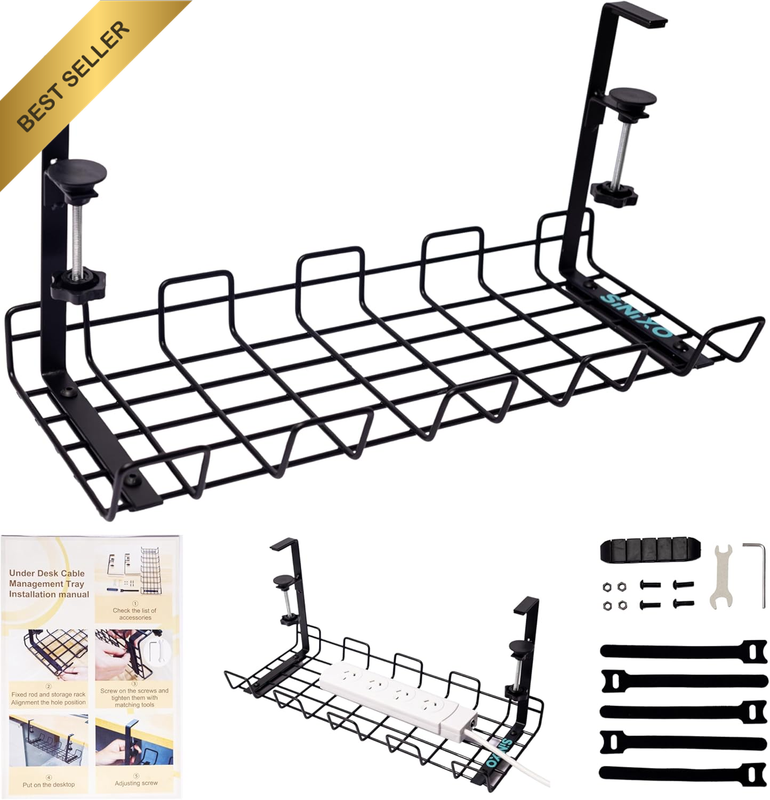 Upgraded under Desk Cable Management Tray – Sturdy Metal Wire Organizer for Powe