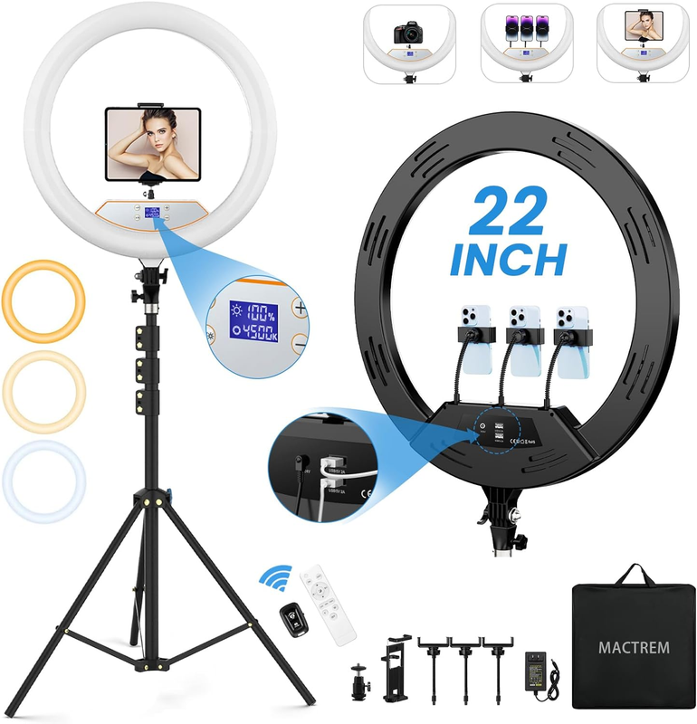 22" Ring Light with 75" Tripod/LED Display/2 USB Ports, 2600K-6500K Dimmable LED