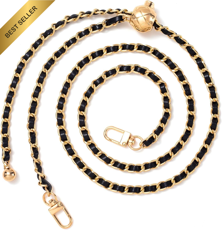 Gold Purse Chain Strap with Black Leather, Adjustable Bag Strap Crossbody, Repla