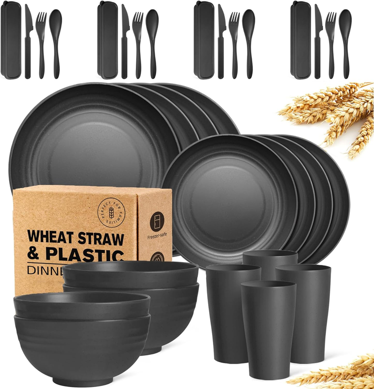 16-Piece with Flatware Kitchen Plastic Wheat Straw Dinnerware Set, Service for 4