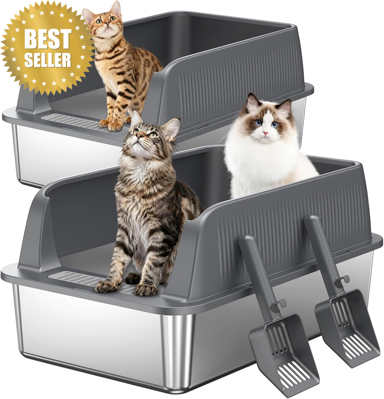 2PACK XL Stainless Steel Cat Litter Box with High Sides Lid, Large Litter Box fo
