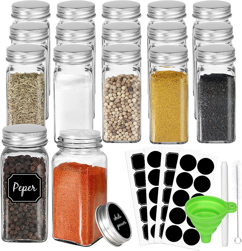 CycleMore 15 Pack 4oz Glass Spice Jars Bottles, Square Spice Containers with and