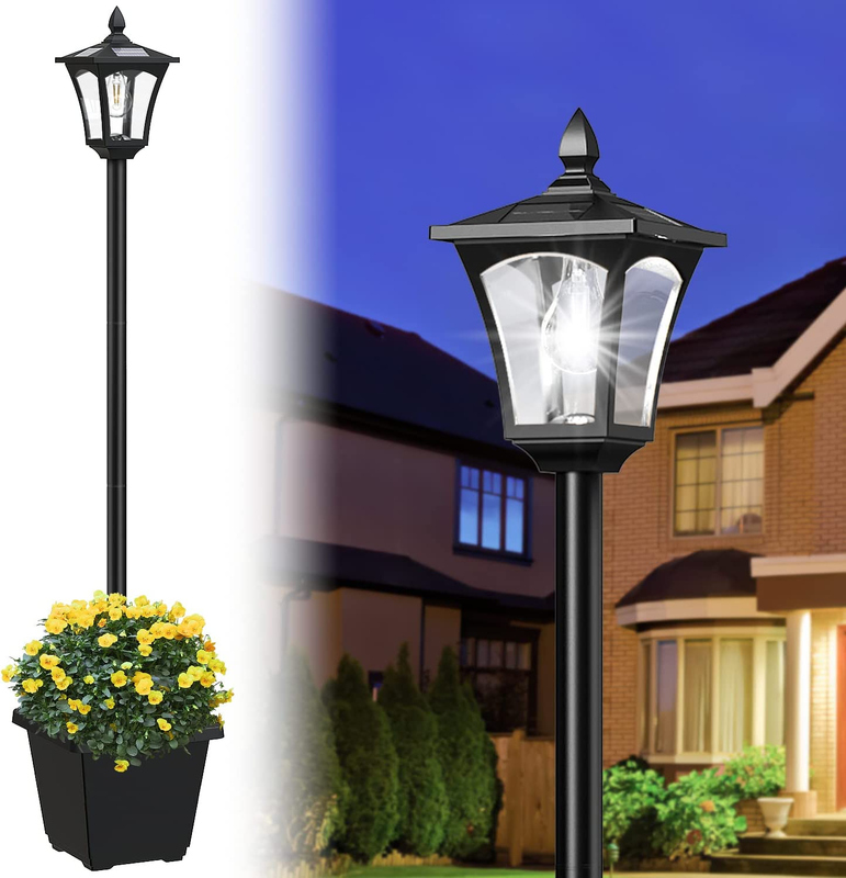 64 Inch Outdoor Solar Lamp Post Light with Planter, 60 High Lumen Solar