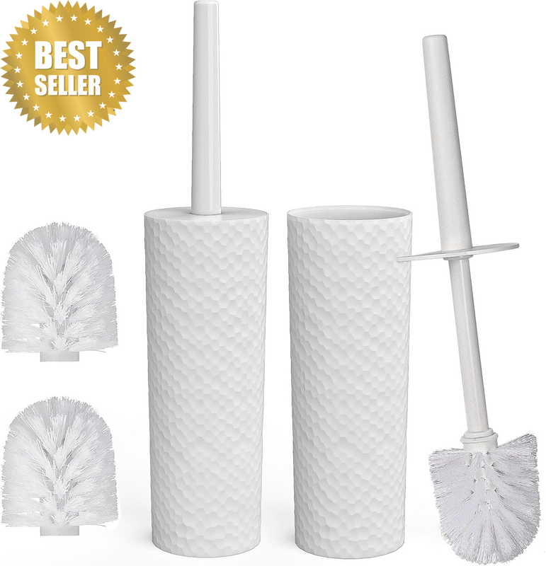 Toilet Brush & Holder Set, 2-Piece Plastic round Bucket Brush with 2 Replacement