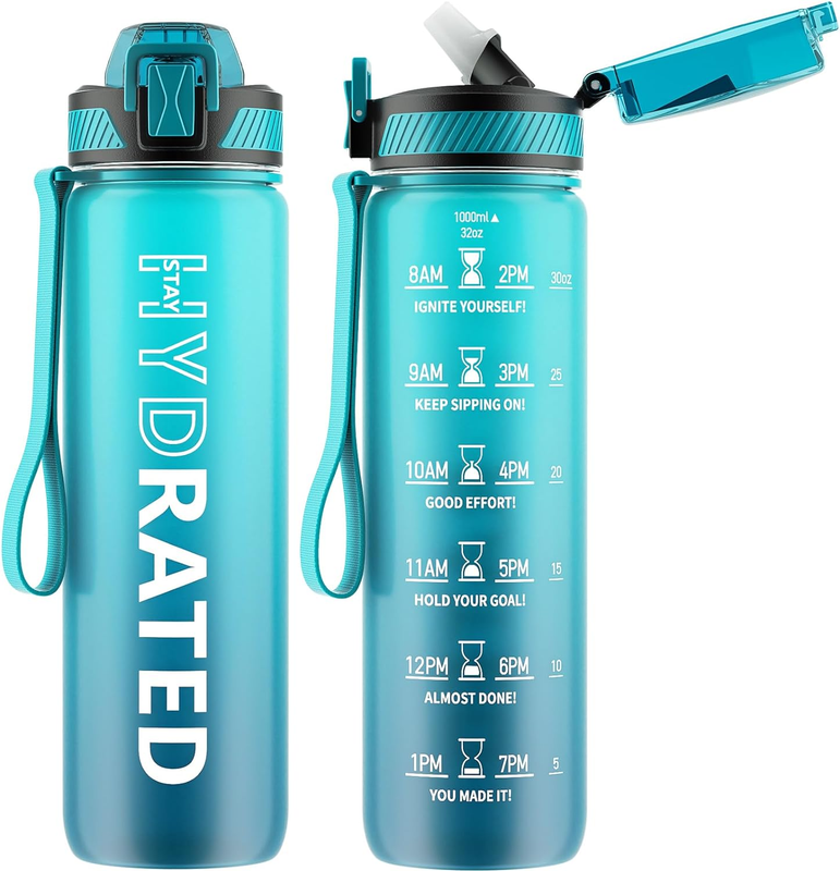 Water Bottle with Straw, 32 Oz Motivational Water Bottles with Time Marker to Dr