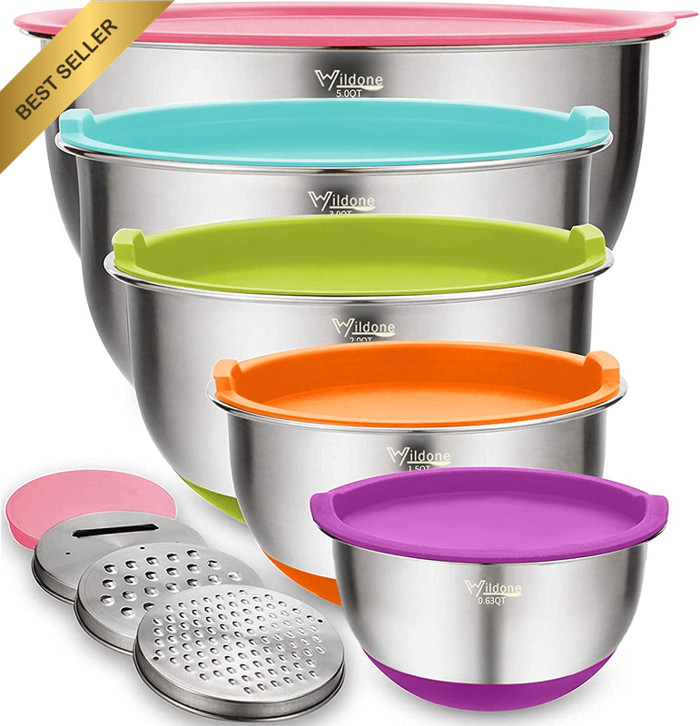 5 Pcs Colorful Stainless Steel Mixing Bowls w/Lids Graters Non-Slip Serving