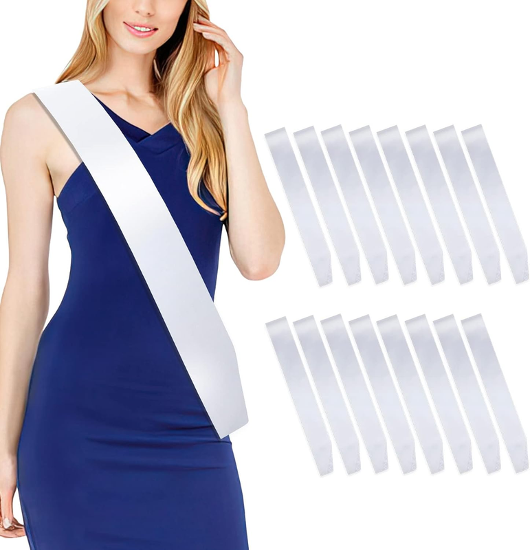 16Pcs White Satin Birthday Sash Ribbons – Blank Plain Party Sashes for Bachelore
