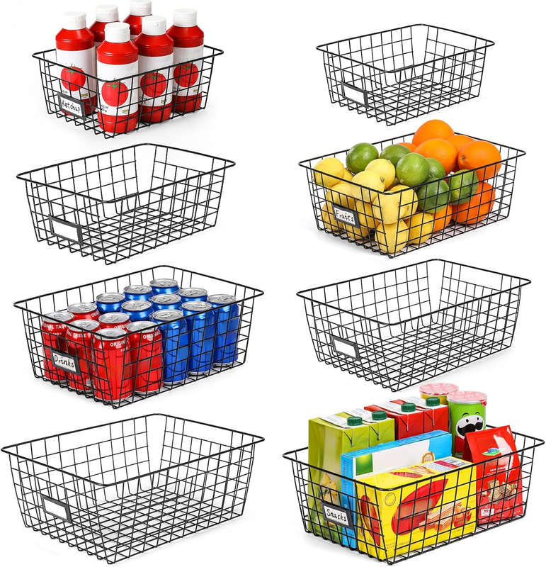 8 Set, Extra Large Wire Baskets for Organizing with Lables, Cabinet Pantry Organ