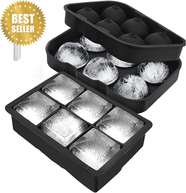 Set of 2 Large Ice Cube Moulds & Ice Ball Maker Silicone Trays for Whiskey and C