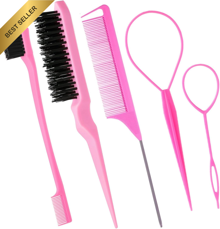 5Pcs Comb Set with Rat Tail Comb & Topsy Tail Tool, Slick Back Bristle Brushes f