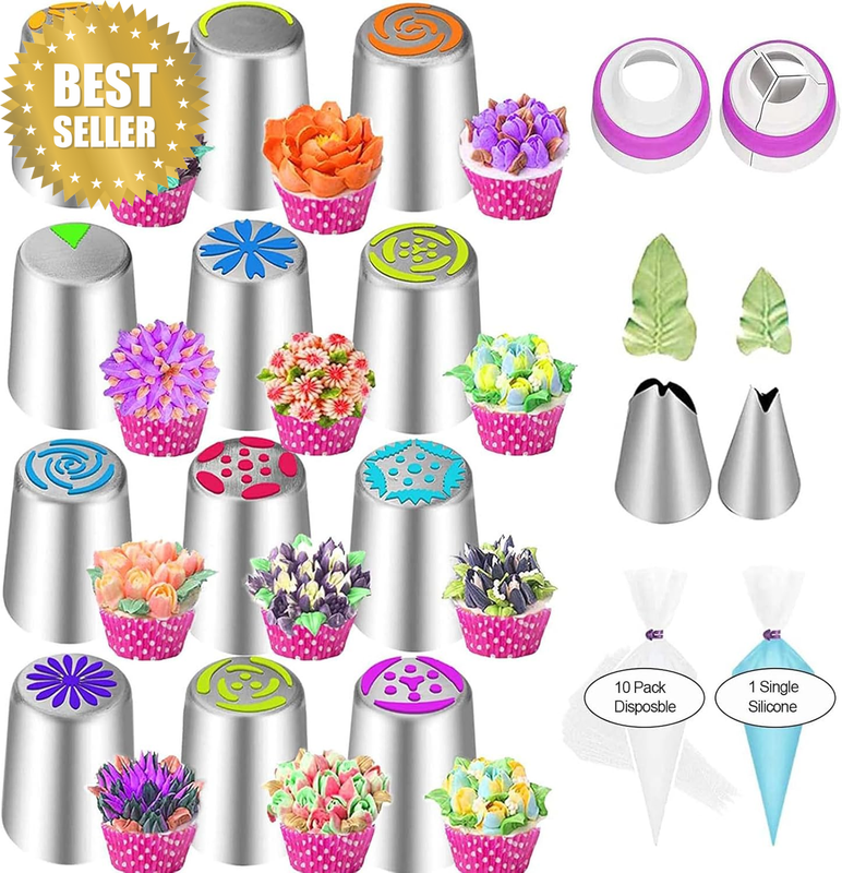 27 Russian Piping Tips Set with 12 Flower Frosting Nozzles, 11 Pastry Bags, 2 Le