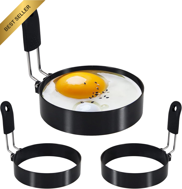 3 Packs 9CM Egg Rings Set with Silicone Handle, Stainless Steel Cooking Rings，No