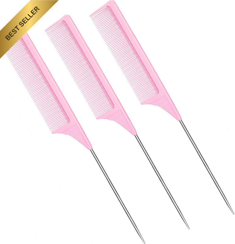 Set of 3 Rat Tail Combs - Heat Resistant Carbon Fiber Teasing Combs with Stainle