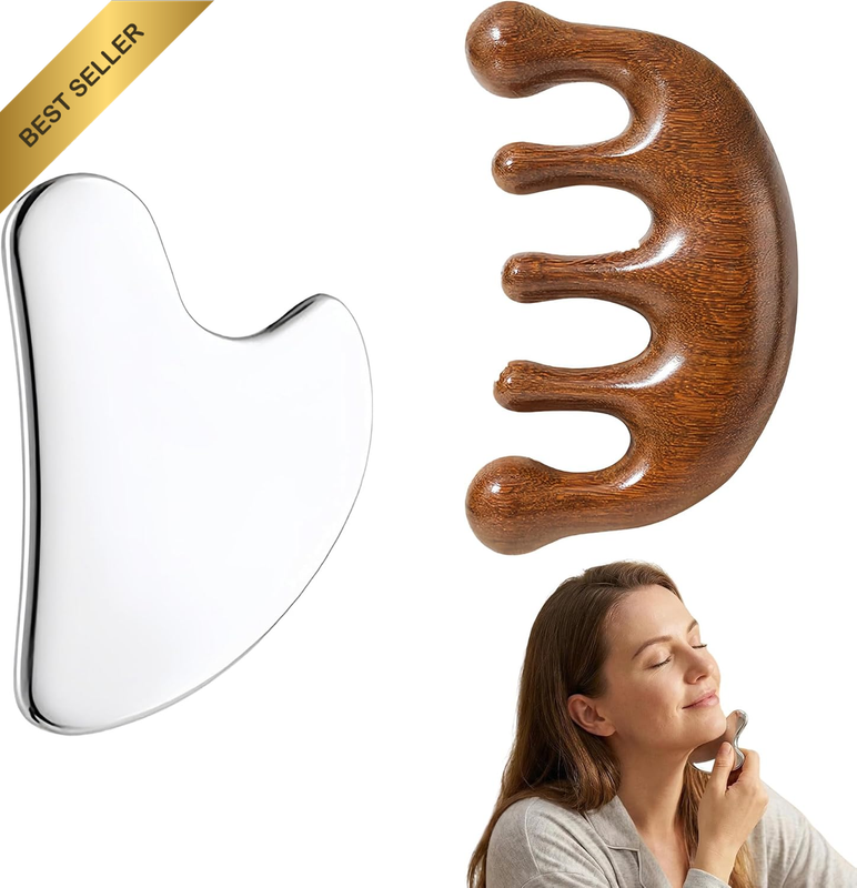 Premium Stainless Steel Gua Sha Facial Tools and Wooden Scalp Massage Comb Set,