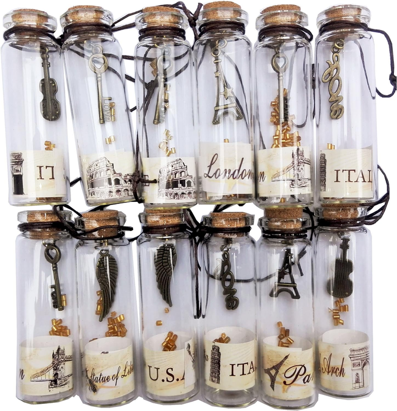 12PCS Creative Vintage Wishing Bottle with Cork and Interior Steampunk Pendant