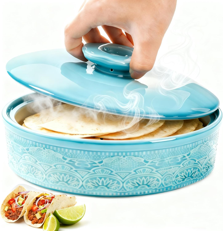 Ceramic Tortilla Warmer with Lid, 8.5 Inch Microwavable Pancake Holder, Aqua Tac