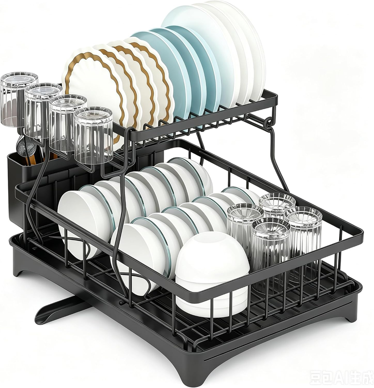 2 Tier Dish Drying Rack, Large Capacity Kitchen Dish Rack with Drainboard, Utens