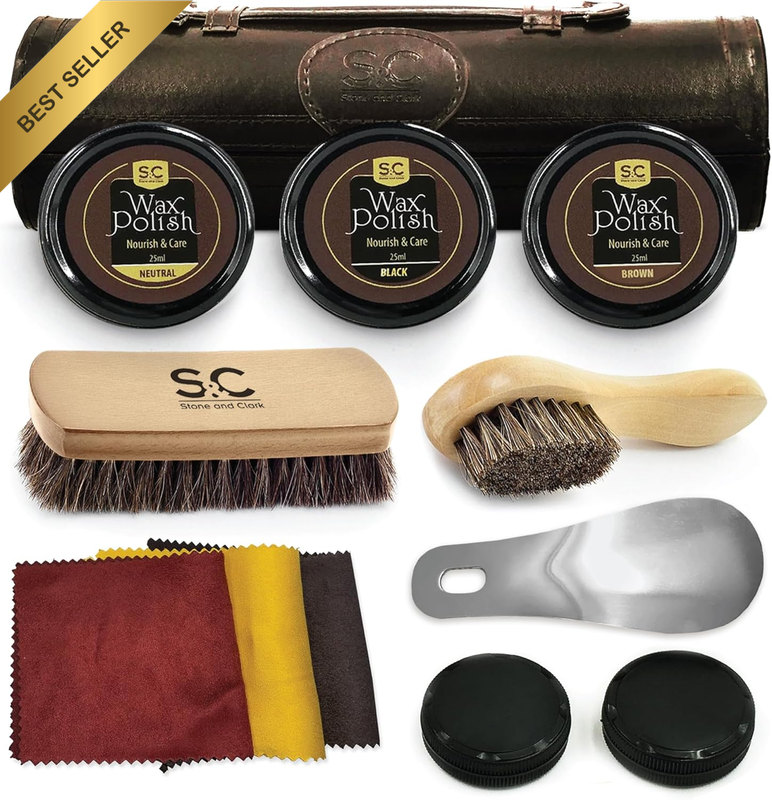 Stone & Clark 12Pc Leather Shoe Polish & Care Kit with Brushes Cloth & Shoe Horn