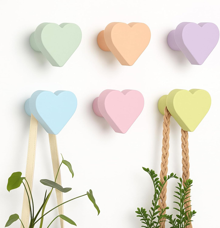 6 Pcs Pastel Heart Heavy Duty Hooks Coat Rack Wall Mount Rainbow Coat Rack Hooks