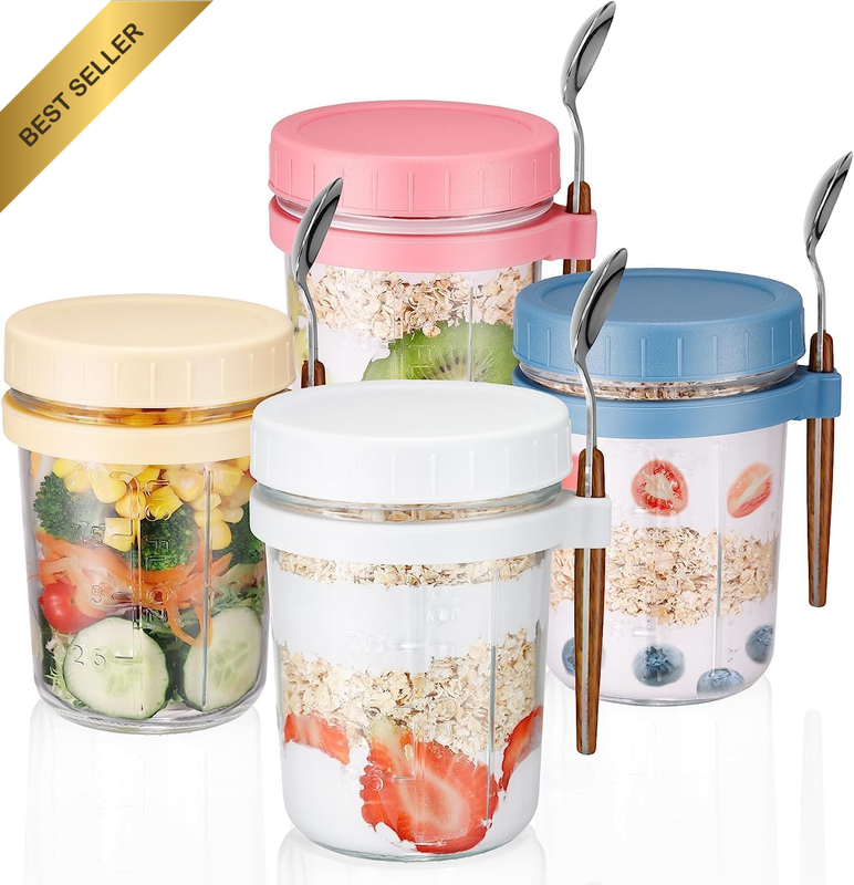 4 Pack Overnight Oats Containers with Lids and Spoons, 16 Oz Large Capacity Glas
