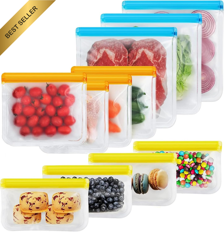 11-Pack Food Storage Bags Set (3 Gallon/4 Sandwich/4 Snack), Dishwasher Safe PEV