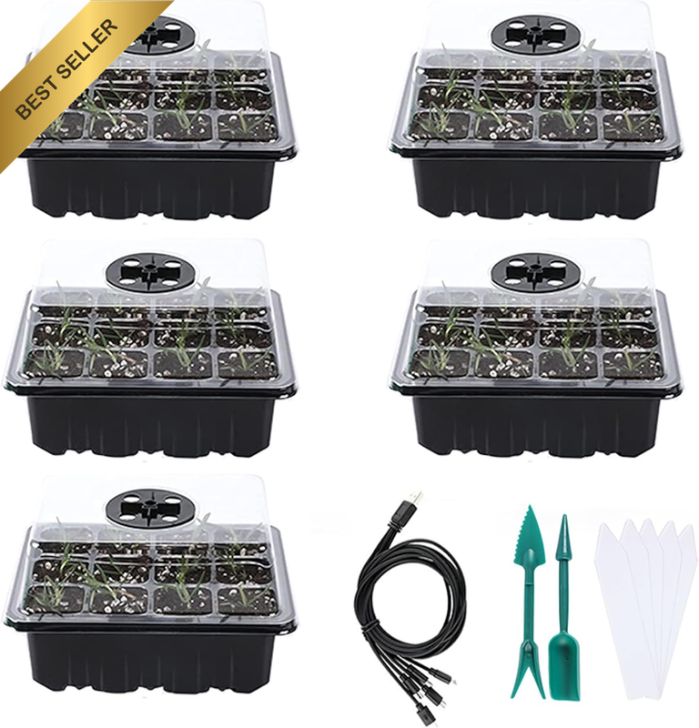 5 Pack Seed Starter Tray with Grow Light Humidity Domes, 60 Cell Trays Germinati