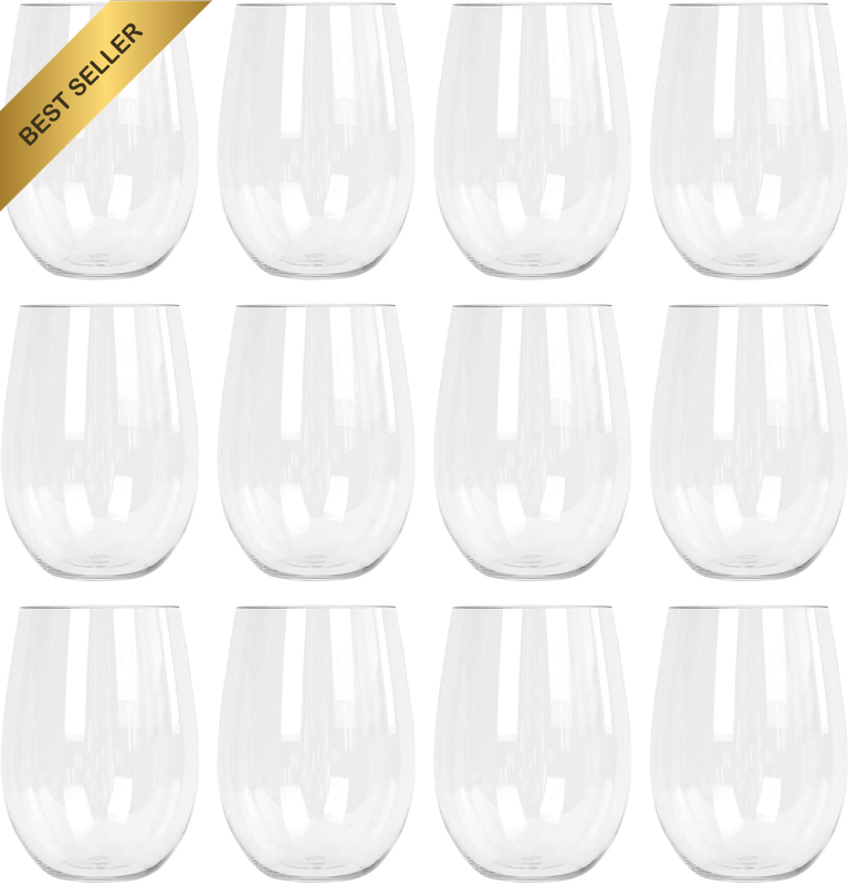Reusable Plastic Glasses - 480Ml - Pack of 12 - Stemless Wine Glasses - Clear Co