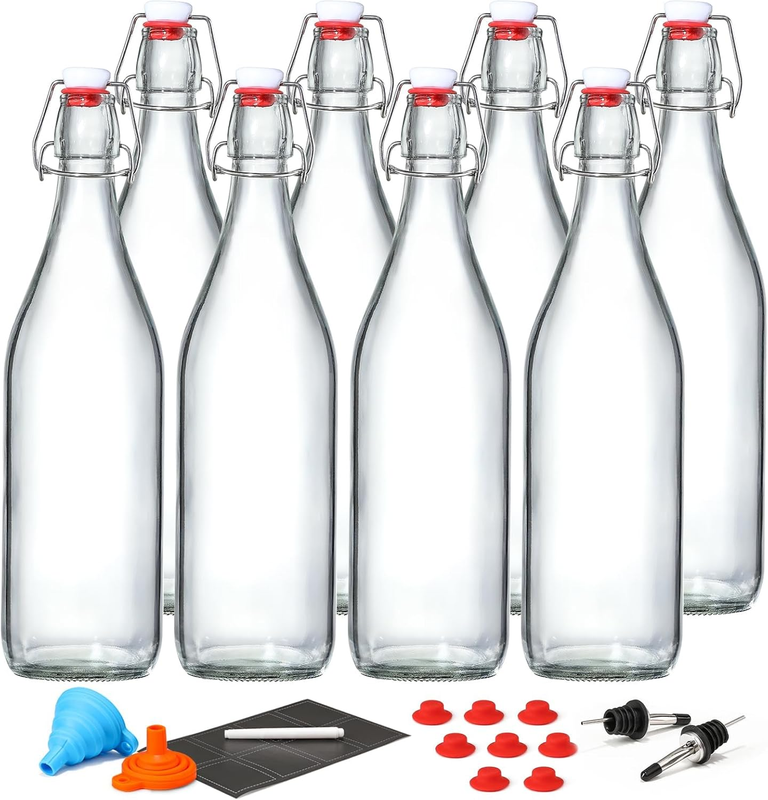 8 Pack [1 L / 33 Fl. Oz.] Swing Top Glass Bottles W/ Airtight Stopper Lids – Fli