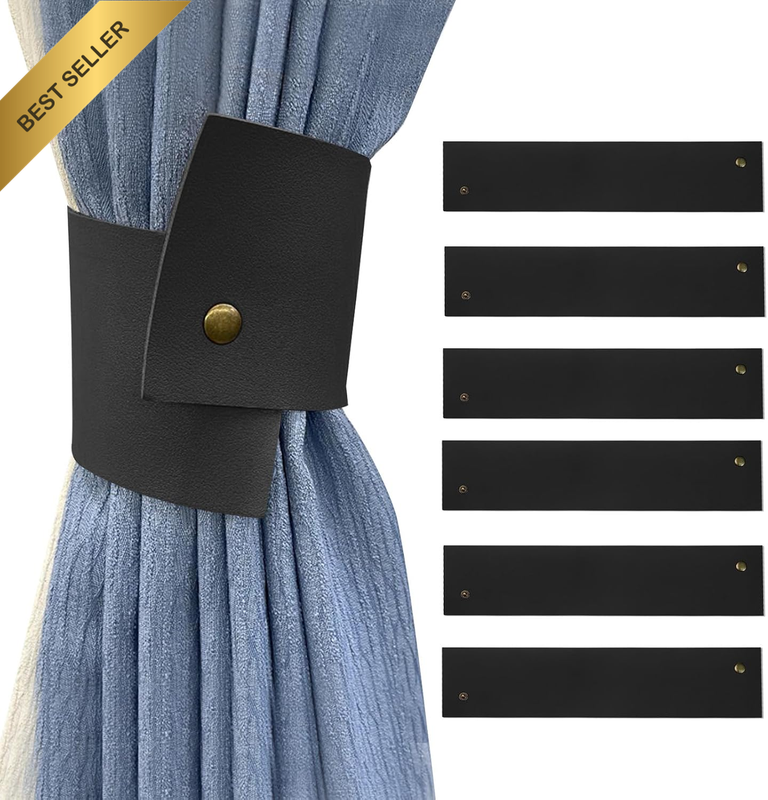 6Pcs Wide PU Leather Curtain Tiebacks, Elegant Buckle Curtain Tie Backs Decorati