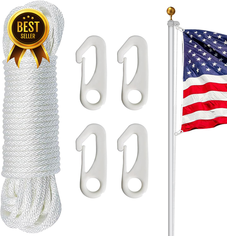 Flag Pole Rope Kit 50 Feet 1/4 Inch Nylon Halyard 4 Clips White Camping