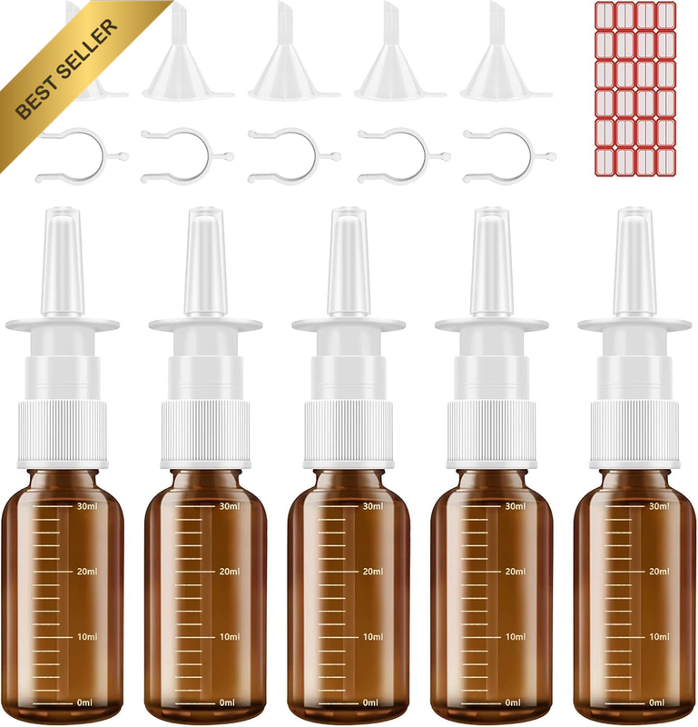 Nasal Spray Bottle, 5 Pcs 30Ml/1Oz Empty Amber Glass Bottle with Scale, Fine Mis
