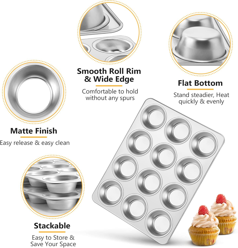 12-Cup Muffin Pan, Stainless Steel Muffin Tin Metal Cupcake Baking Pan for Oven,