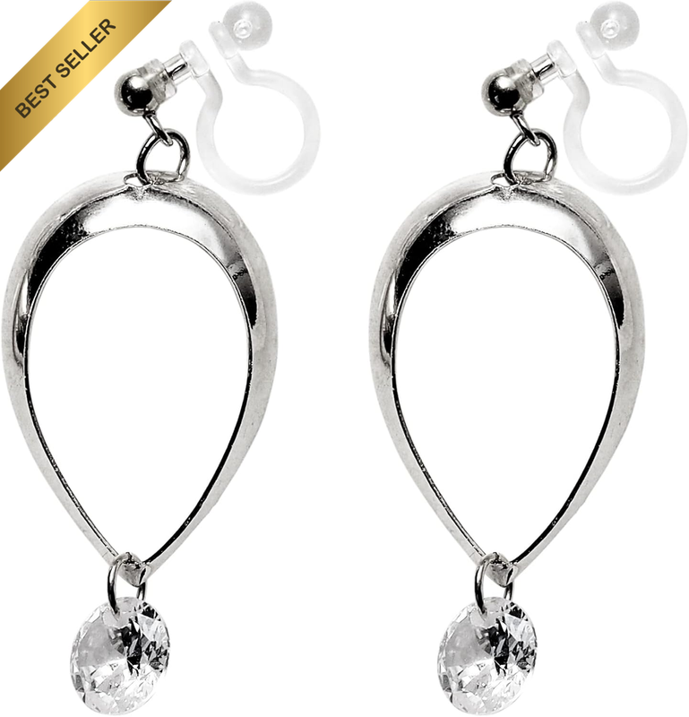 Silver Teardrop CZ Crystal Clip On Earrings for Women Invisible Non Pierced Pier