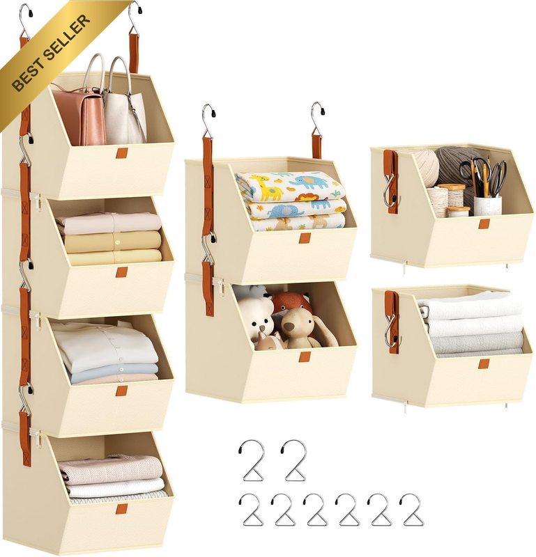 Closet Organizer 4 Tier, Fabric Storage Shelves with 4 Removable Bins, Space Sav