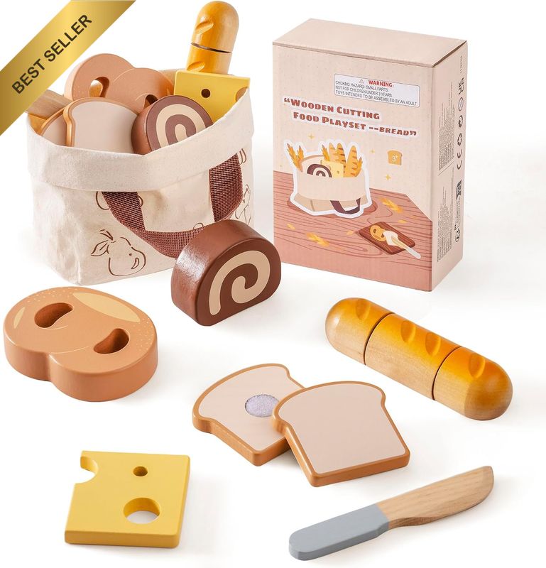 Wooden Play Food Cutting Bread Set for Kids