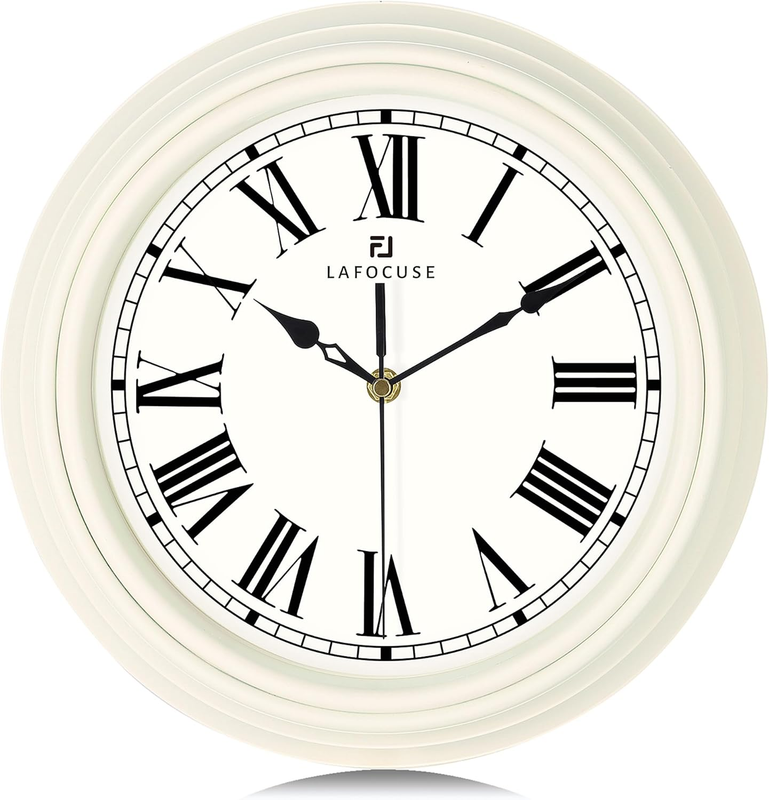 Lafocuse 12 Inch Silent Cream White Wall Clock with Roman Numerals