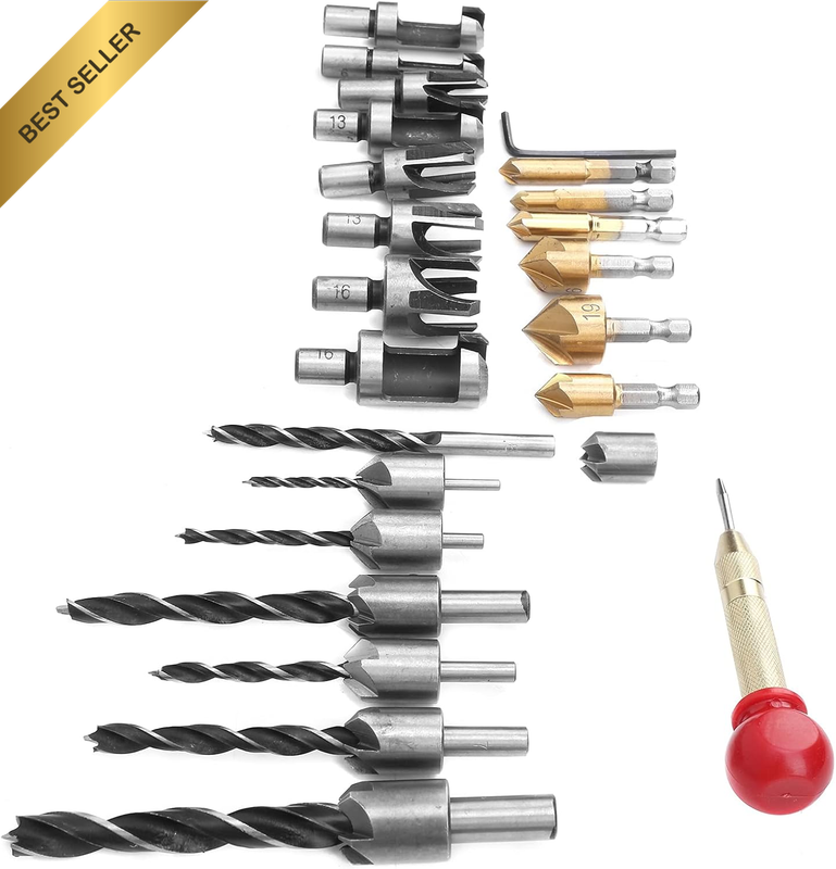 23Pcs Woodworking Chamfer Drilling Tool + 6Pcs Hex Shank 5 Flute HSS Drill Bits 
