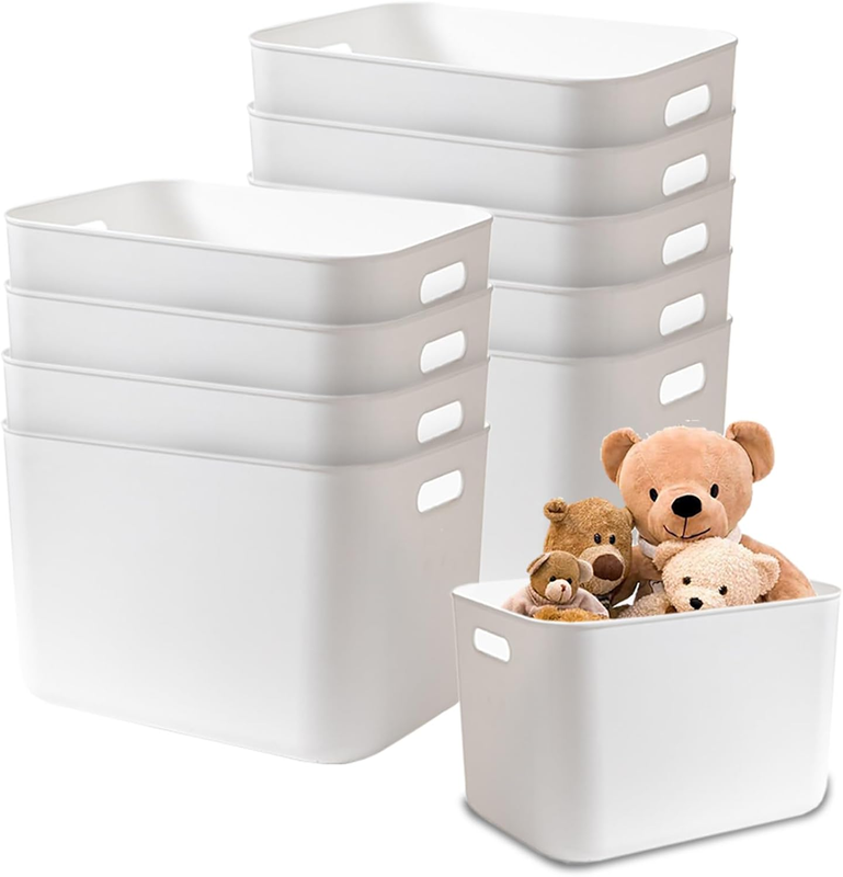 10 Pcs 14X10X9.5 Inch Plastic Storage Bins White Storage Box with Handle, Stackable Storage Containers Organization Baskets for Shelves Drawers Pantry Closet Classroom Bathroom