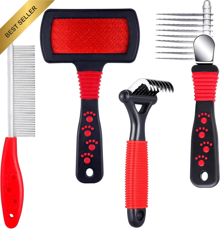 4 Pieces Pet Grooming Kit - Dematting Combs, Slicker Brush, and Steel Comb for R