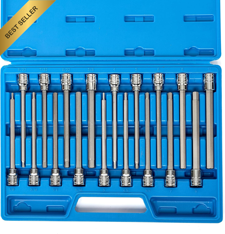 10079A Extra Long Allen Hex Bit Socket Set, 18 Piece SAE and Metric Allen Socket