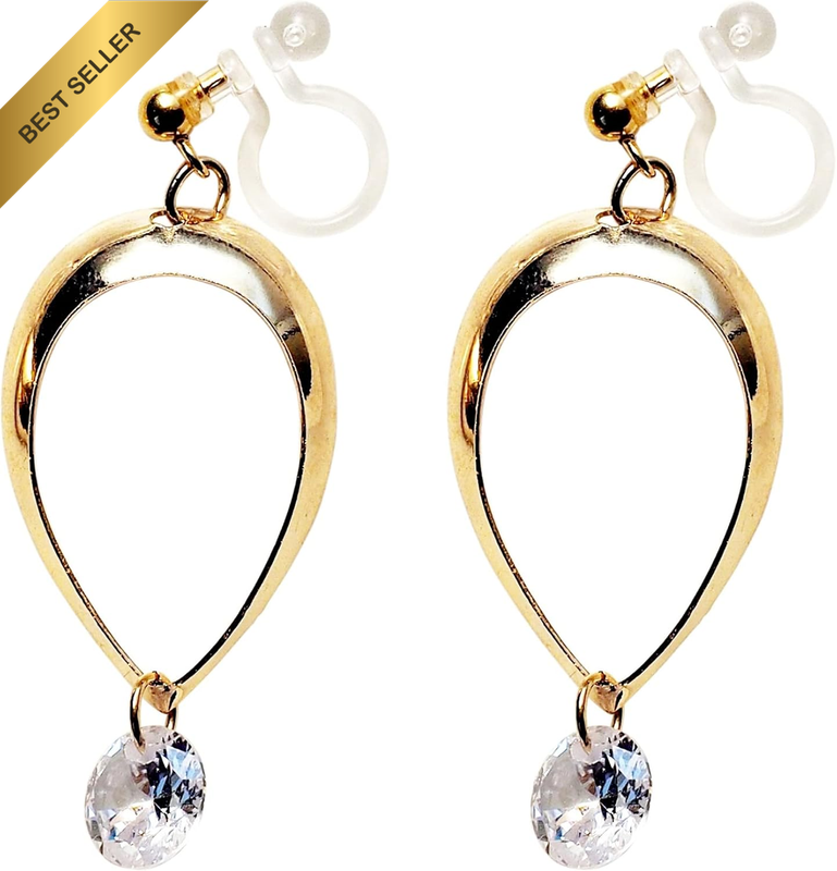 Gold Teardrop CZ Crystal Clip On Earrings for Women Invisible Non Pierced Pierce