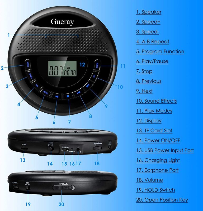 CD Player Portable with Dual Stereo Speakers, Rechargeable CD Player for Car, LE
