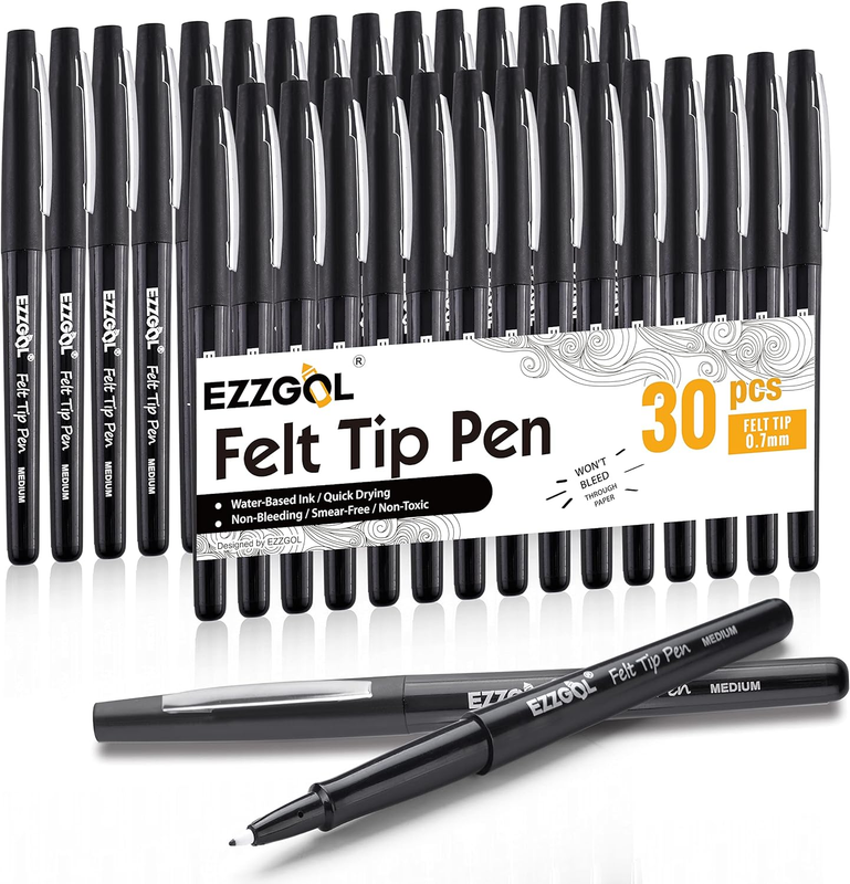 Black Felt Tip Pens, 30 Pack, 0.7Mm Premium Medium Fine Poin