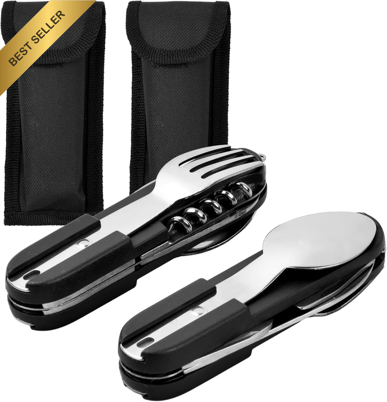 Stainless Steel Camping Utensil Set, 2 Pieces, 8 in 1 Stainless Steel Foldable O