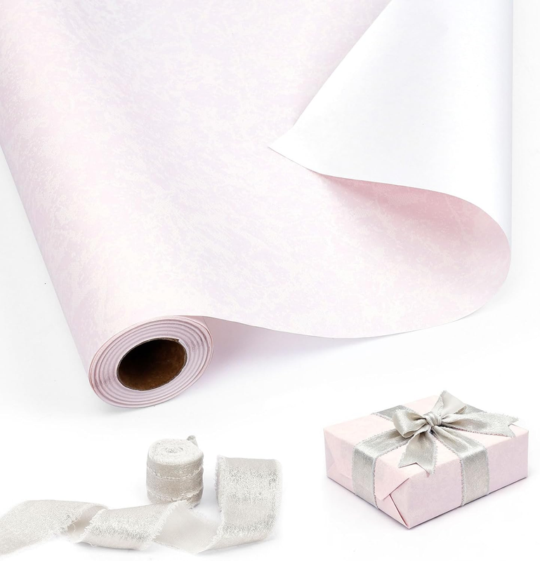 Pink Wrapping Paper Roll with 2 Ribbons, Matte Cloth Texture, 43Cm X 10M | Pink