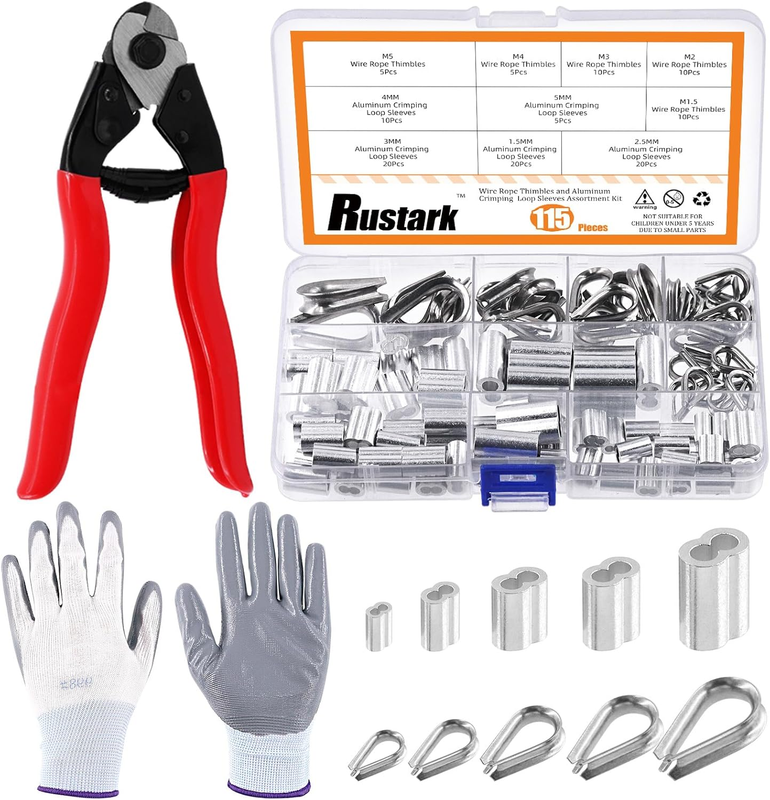 117Pcs 8 Inches Steel Wire Rope Cutter with Aluminum Crimping Loop Sleeves and S